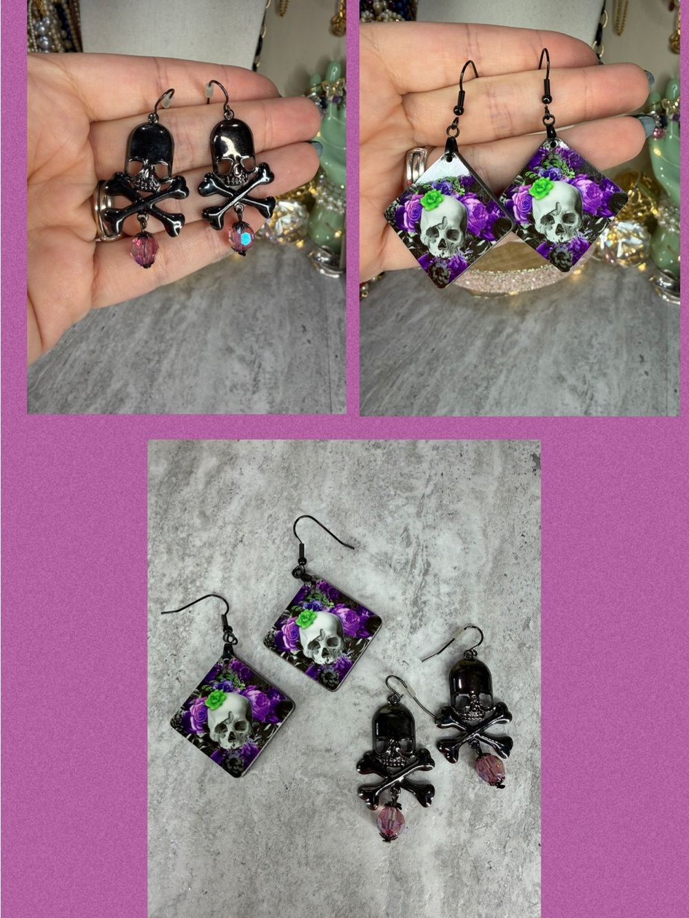 Skull Earrings Set Dangle Bones Floral Goth Halloween Holiday Jewelry